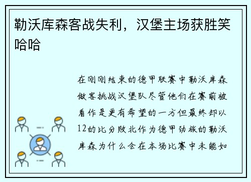 勒沃库森客战失利，汉堡主场获胜笑哈哈