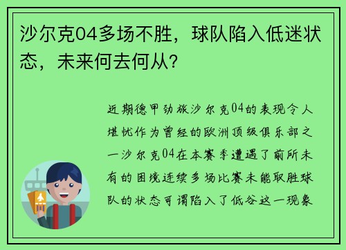沙尔克04多场不胜，球队陷入低迷状态，未来何去何从？